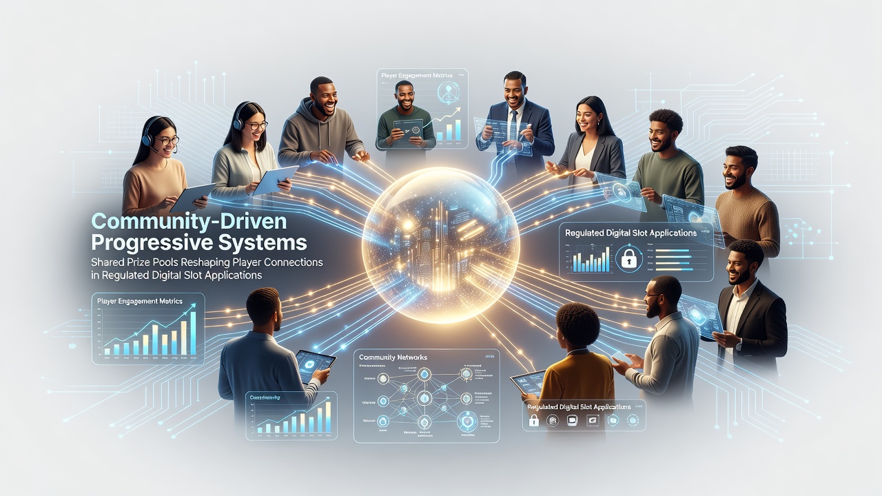 Illustration of interconnected digital slot players contributing to a shared progressive jackpot pool in a regulated app environment