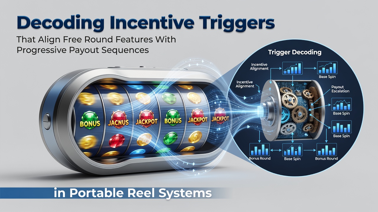 Mobile slot interface showing aligned free round triggers and progressive payout meters on a portable reel system