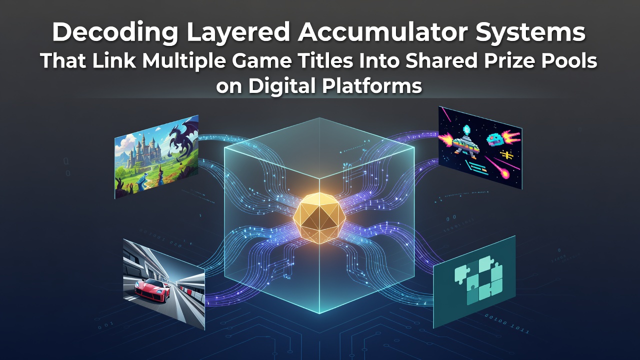 Illustration showing layered accumulator systems linking multiple game titles into shared prize pools on digital platforms