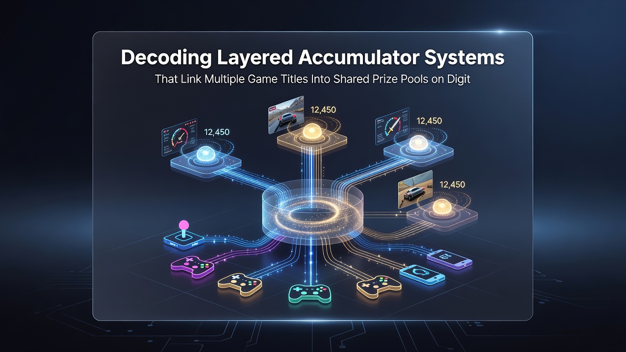Technical diagram of shared prize pool architecture across interconnected digital game titles