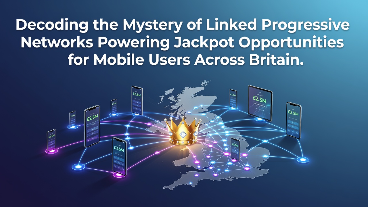 Diagram showing interconnected mobile devices contributing to a shared progressive jackpot pool across Britain