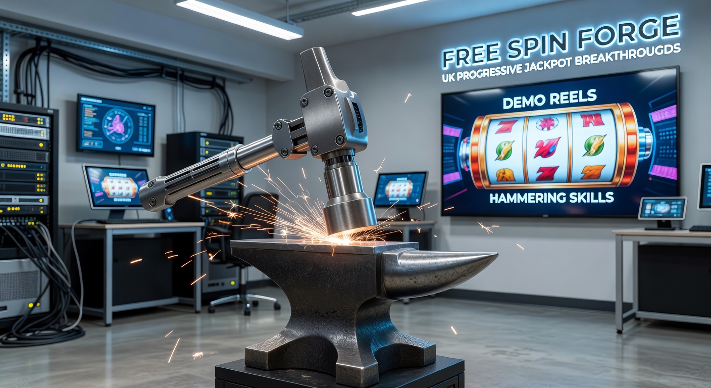 Dynamic screenshot of a progressive jackpot slot in demo mode, free spins activating with hammer strikes on anvil symbols amid rising meter visuals
