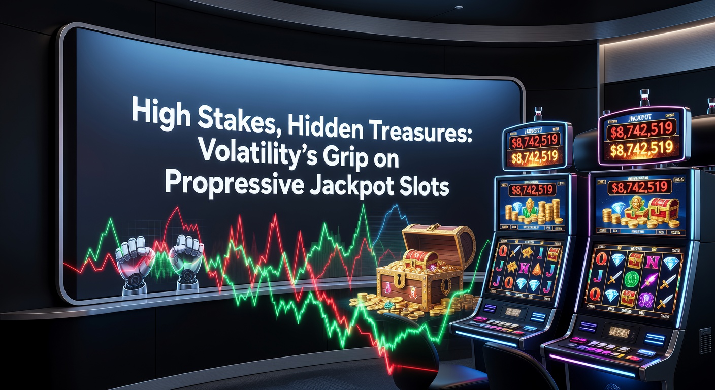 Close-up of a slot screen mid-spin on a high-volatility progressive, with jackpot meters ticking upward dramatically against a backdrop of scattered symbols and bonus triggers