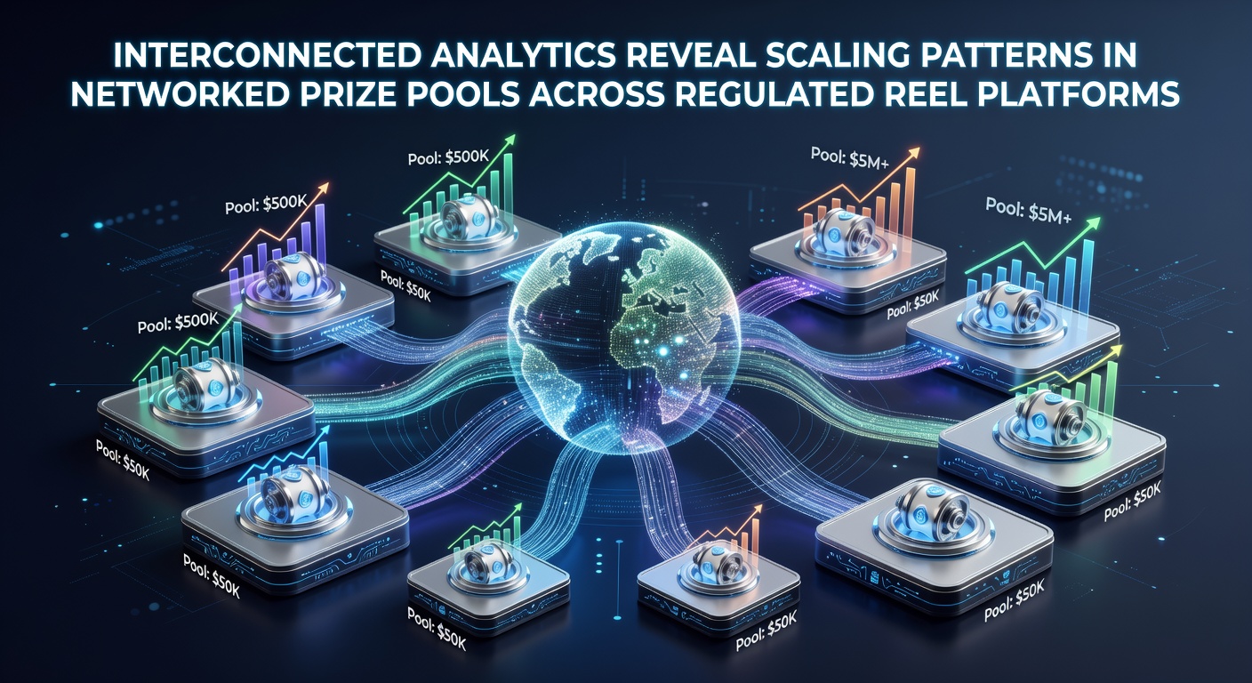 Analytics dashboard displaying interconnected prize pool networks across multiple regulated reel platforms with scaling trend visualizations
