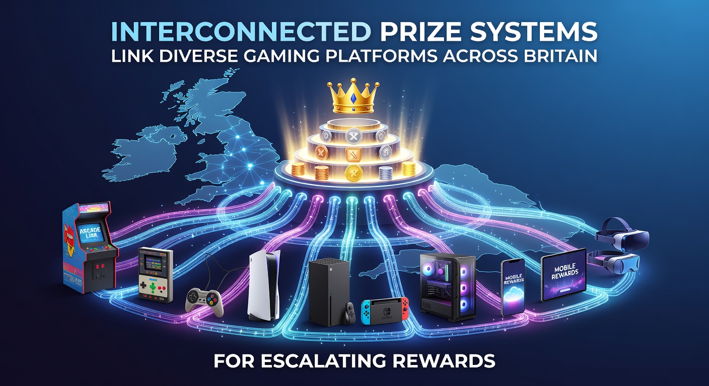 Networked gaming platforms across Britain displaying shared prize pools and escalating jackpot indicators on multiple screens
