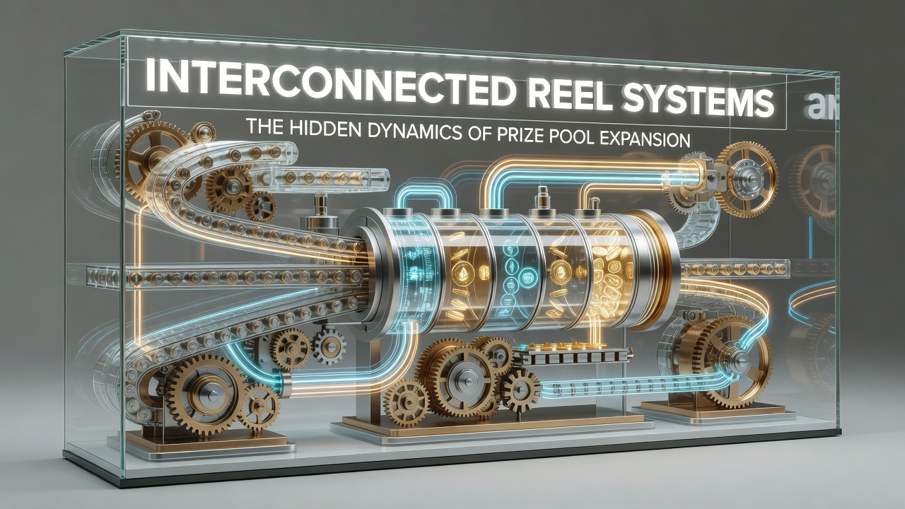 Diagram illustrating interconnected reel systems linking multiple slot machines to a shared progressive jackpot pool