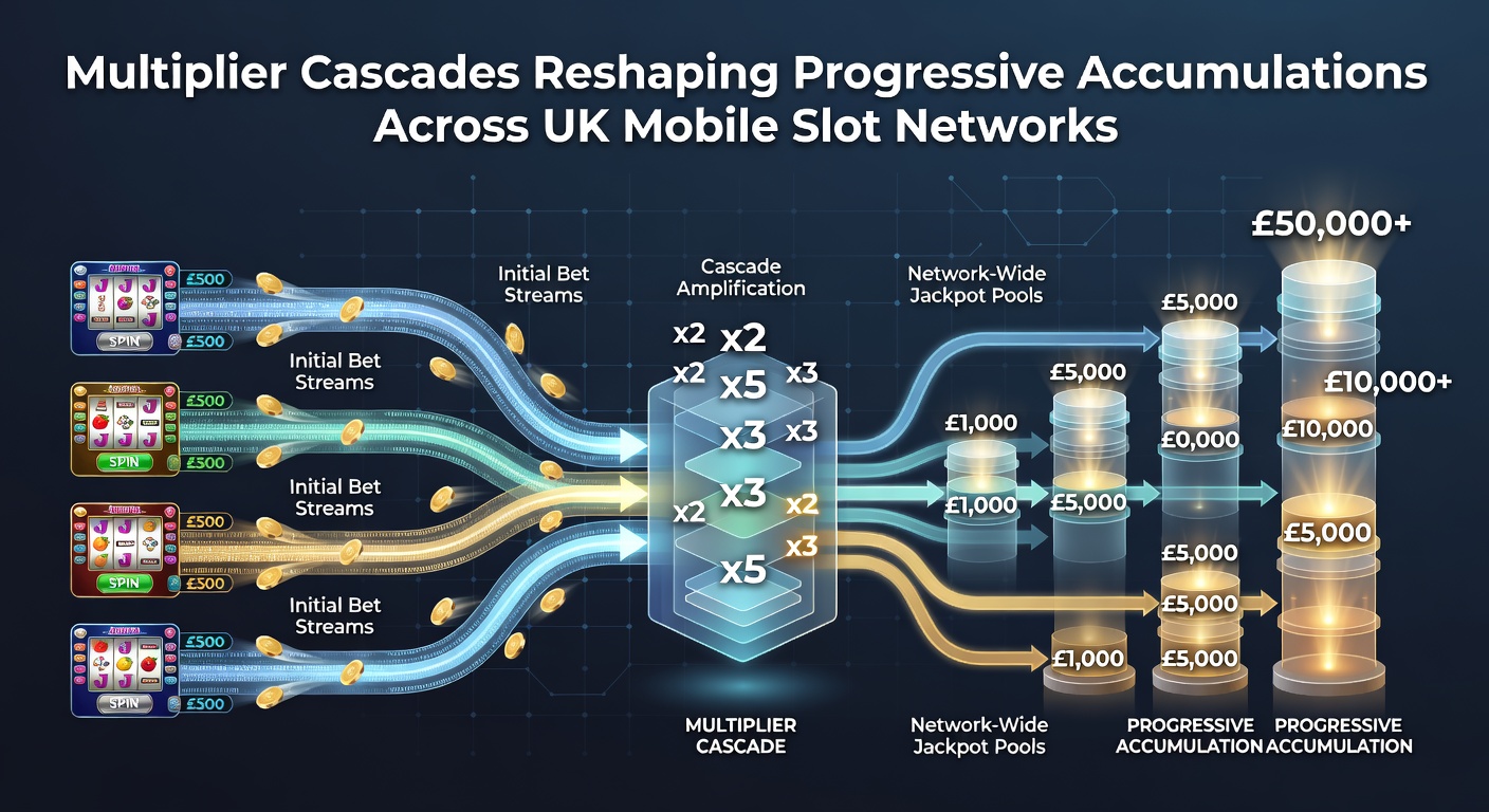 Infographic illustrating multiplier cascade sequences feeding into a shared progressive jackpot meter