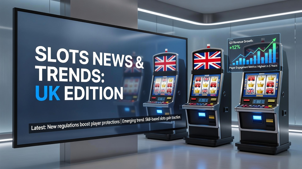 Graphic depicting UK Gambling Commission reforms with slot reels, stake limit icons, and regulatory documents overlayed on a British flag backdrop