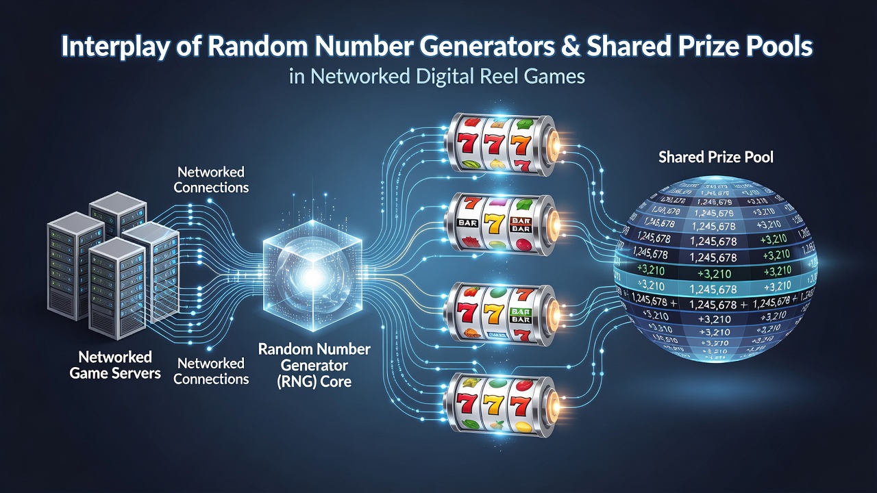 Server infrastructure diagram illustrating RNG outputs feeding into progressive jackpot controllers across a network