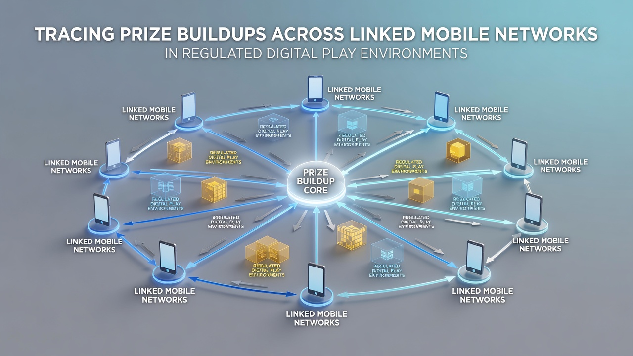 Network diagram showing linked mobile devices contributing to a shared progressive jackpot pool in a regulated gaming environment