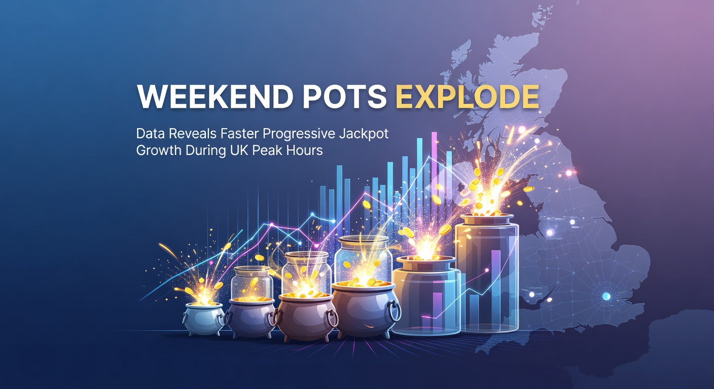 Line graph illustrating progressive jackpot growth rates spiking dramatically on weekends compared to weekdays across major UK slot platforms