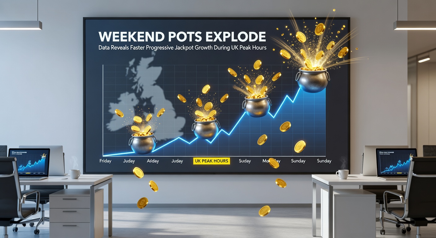 Crowded digital dashboard displaying real-time progressive jackpot tickers surging during evening peak hours on a UK mobile slot app