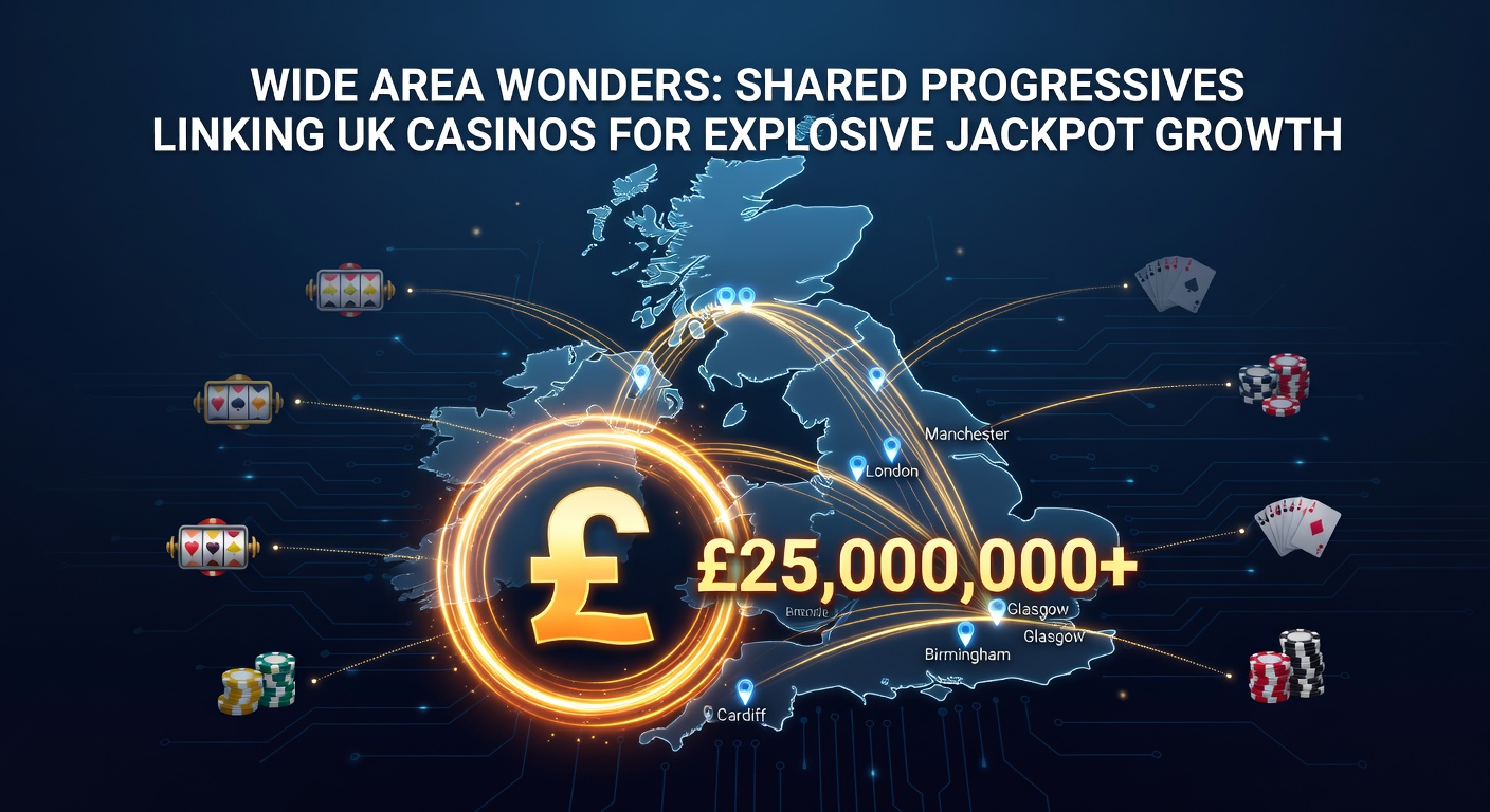 Vibrant display of interconnected slot machines in UK casinos showing rising jackpot meters linked across networks