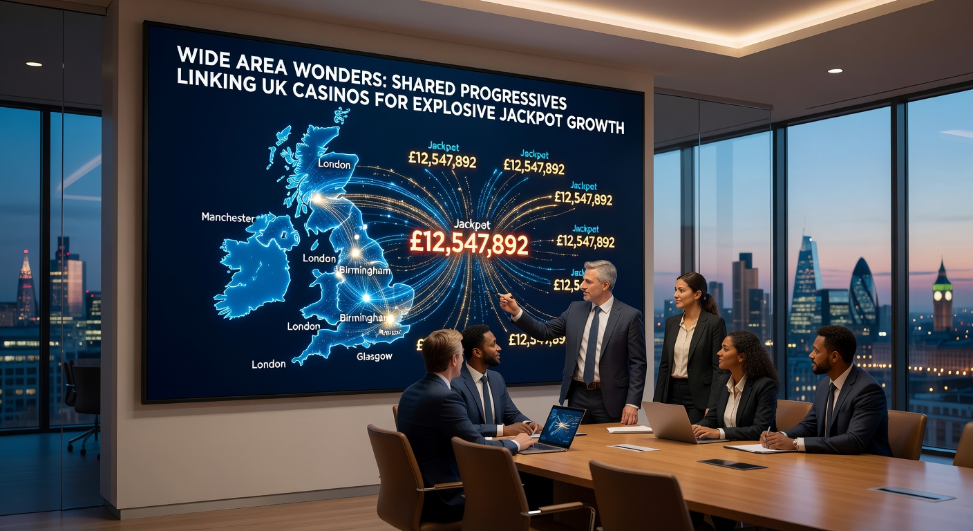 Digital network graphic illustrating jackpot contributions flowing from multiple UK casinos into a massive central prize pool